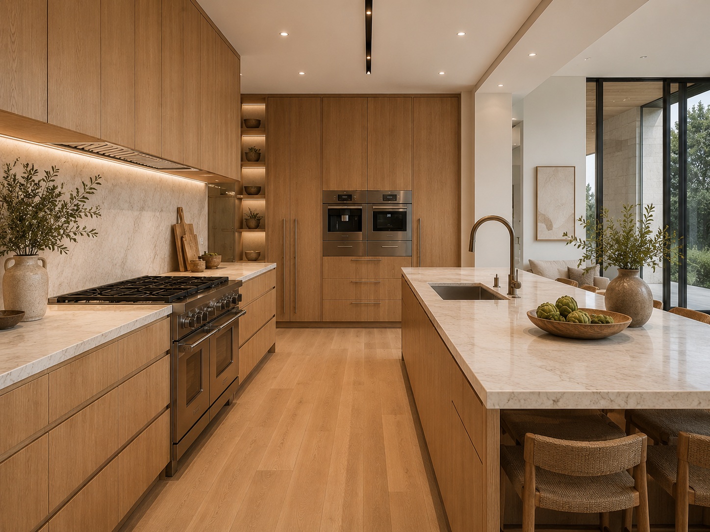 Warm modern white oak kitchen with stone countertops